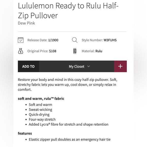 Lululemon Ready to Rulu Half-Zip Pullover, dew pink, size 10 - Picture 5 of 9